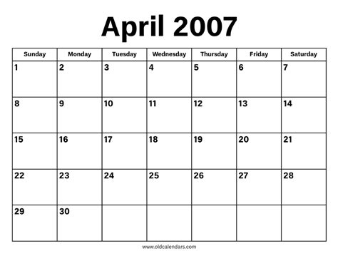 Calendar Of April 2007